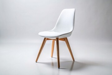 Stylish chair with white top and light wooden legs standing on white background, modern, furniture, minimal, trendy, decor, interior, design, chic, elegant, contemporary, home, accessory