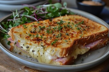 Croque Monsieur A Croque Monsieur sandwich with melted cheese and ham, topped with a golden bechamel sauce. Served with a side of mixed greens.