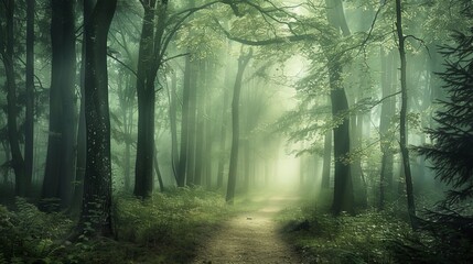 A mystical foggy forest with a hidden pathway leading to a secret garden, Dense forest shrouded in mist