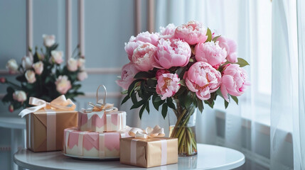 A beautiful delicate pink bouquet of peonies stands on the table next to the cake and gifts