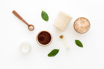 Spa coffee cosmetic set with body scrub and sea salt, top view