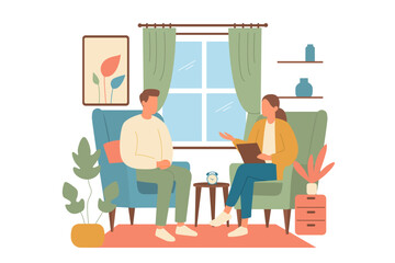 A Man sitting in armchair and talking with psychologist. Thought, therapy, mind flat vector illustration. Mental health and psychology concept 