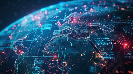 Digital world globe representing global network and connectivity on Earth, featuring high-speed data transfer, cyber technology, information exchange, and international telecommunications.