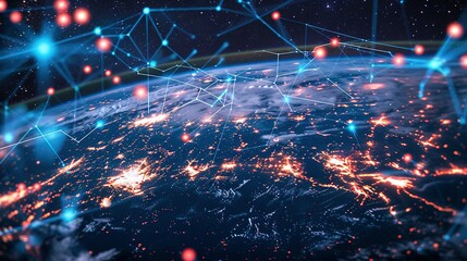 Obraz premium Digital world globe representing global network and connectivity on Earth, featuring high-speed data transfer, cyber technology, information exchange, and international telecommunications.