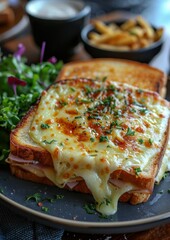 Croque Monsieur A Croque Monsieur sandwich with melted cheese and ham, topped with a golden bechamel sauce. Served with a side of mixed greens.