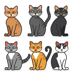 Six different cartoon cats sitting, various colors patterns, cute feline characters, simple stylized design. Domestic animals digital artwork, pet illustration, isolated white background. Cat