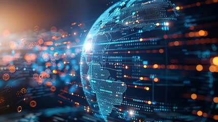 Obraz premium Digital world globe representing global network and connectivity on Earth, featuring high-speed data transfer, cyber technology, information exchange, and international telecommunications.