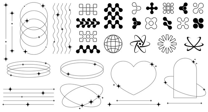 Set of abstract retro futuristic elements and shapes and aesthetic line frames boho, brutalism, Y2K style. Geometric elements with sparkles for template social media, poster, banner, logo, stickers