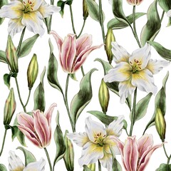 Watercolor floral illustration . Pink and white lilies seamless pattern.  Perfect wedding stationary, greetings, fashion, background. For fabric textile design or Product packaging