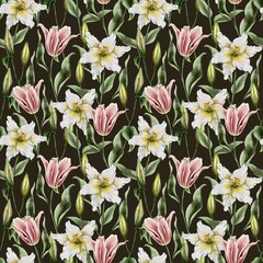 Obraz premium Watercolor floral illustration . Pink and white lilies seamless pattern. Perfect wedding stationary, greetings, fashion, background. For fabric textile design or Product packaging