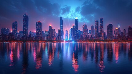 Fototapeta premium Beautiful neon city skyline reflecting on calm water at dusk, creating a vivid and colorful night scene full of lights and skyscrapers.