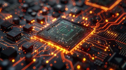 Obraz premium Close-up view of a microchip on a glowing circuit board, highlighting advanced technology and intricate connections.
