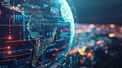 Fototapeta premium Digital world globe representing global network and connectivity on Earth, featuring high-speed data transfer, cyber technology, information exchange, and international telecommunications.