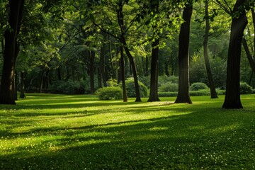 Green Woods in the Park: Natural Forest Landscape with Lush Green Trees and Grass