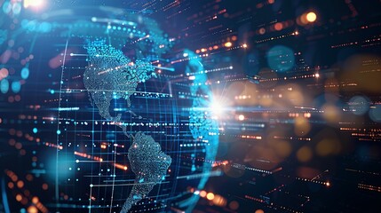 Digital world globe representing global network and connectivity on Earth, featuring high-speed data transfer, cyber technology, information exchange, and international telecommunications.