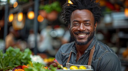 a slightly smiling african american 37 year old male from New Orleans eating a lunch with a plate of healthy vegetables and fruit. 