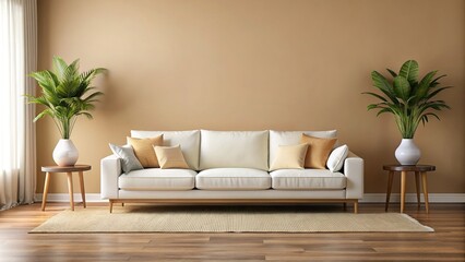 A spacious and modern living room with a pristine white sofa against a warm beige backdrop, perfect for showcasing interior design elements or products, beige living room