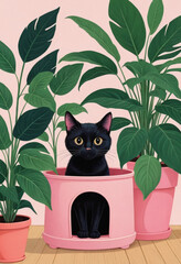  black cat hiding in a e home plant with pink vintage pot, vibrant colors, leaves