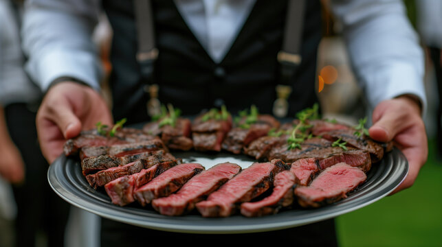 Waiter Serving Steak. Close-up of a waiter holding a plate of sliced steak garnished with herbs. Gourmet dining concept. - Powered by Adobe