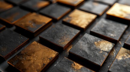 Close-up view of abstract golden and dark textured squares background, a trendy modern visual style.