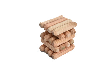 The picture shows dowels made of wood used in furniture production.