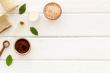 Homemade spa body care cosmetic with coffee scrub and soap, top view