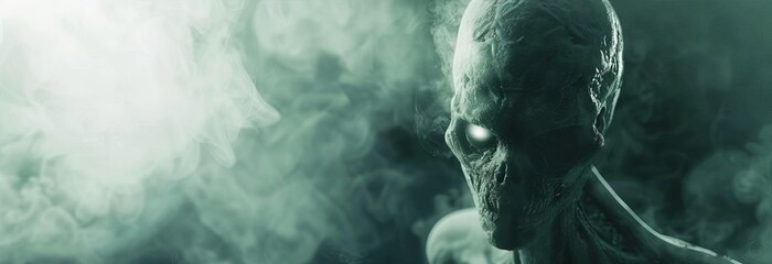 Worms-eye view focusing on a scary, gray alien, blinking eyes, walking in a smoky, dark background, cinematic 3D rendering, chilling and mysterious mood