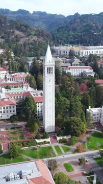 Vertical Aerial View, The Companiel Tower in University of California Berkeley Campus, Drone Shot