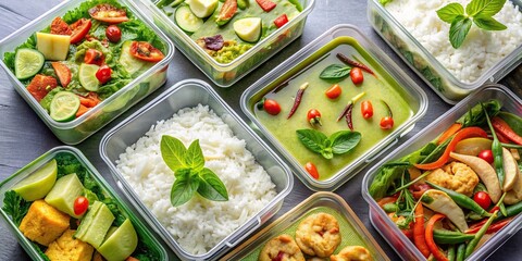 A colorful array of modern Thai dishes, such as green curry with chicken, papaya salad, and sticky rice, are neatly arranged in individual plastic lunch boxes, modern thai food
