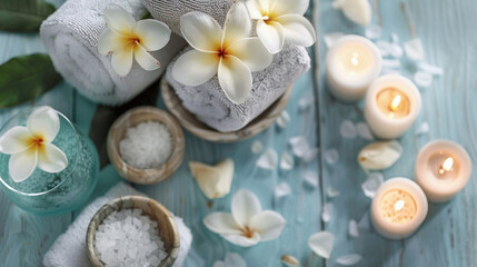 Background of cosmetic spa procedures, white flowers, petals and candles