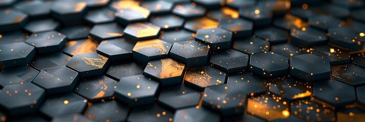 Fototapeta premium Close-up of a dark hexagonal pattern with glowing orange light spots creating a tech futuristic atmosphere.