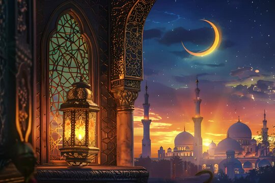 Islamic style latern design for ramadan celebration with copy space