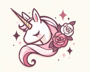 Fototapeta premium Illustration of a White Unicorn Colorful Hair with Sparkles and Roses, Isolated on White Background