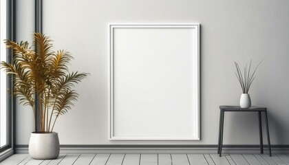 Realistic photo frame mockup. Vertical large A3, A4 frame mockup on white blank wall. Simple, clean, modern, minimalist poster frame. Vertical white picture frame mockup. International paper sizes