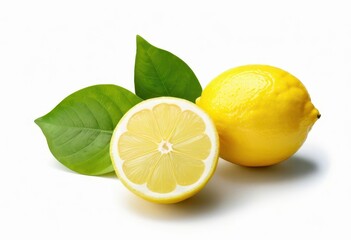 a lemon and a lime with leaves on a white background