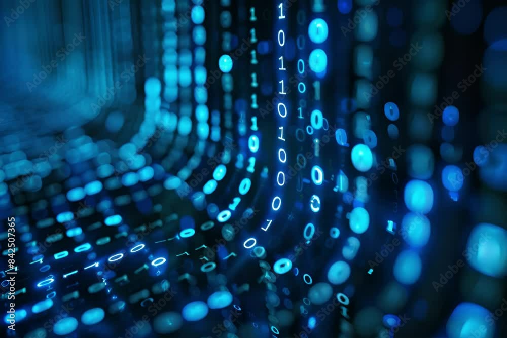 Poster digital data stream of blue numbers and code flowing in the dark space, abstract background for tech