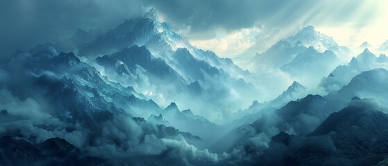 Fototapeta premium Towering mountains shrouded in ethereal mist, with rays of sunlight piercing through the clouds.
