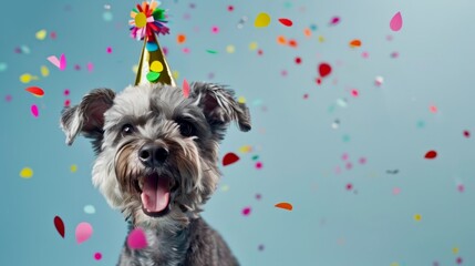Happy dog with a party hat surrounded by colorful confetti, celebrating a joyful occasion. Fun and festive image perfect for events and celebrations. AI