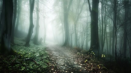 A mystical foggy forest with a hidden pathway leading to an enchanted glade, Dense forest shrouded in mist and mystery - Powered by Adobe