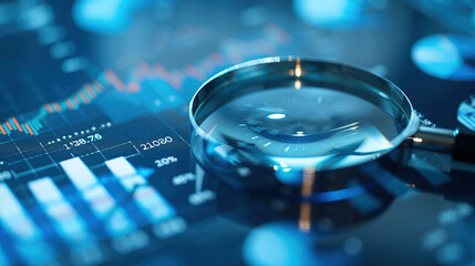 A magnifying glass over financial charts and graphs