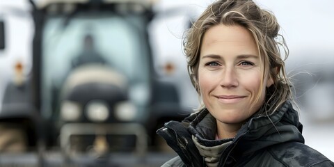 Fototapeta premium Portrait of a middle-aged female farmer smiling with a farm tractor in the background on her land. Concept Farm Life, Female Farmer, Tractor Portrait, Outdoor Photoshoot, Smiling Portrait