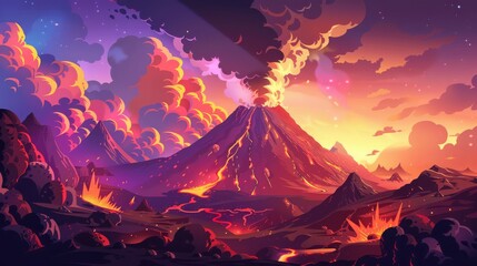 Volcanic Eruption at Sunset with Lava Flow and Fiery Sky in Cartoon Style Landscape for Poster or Print Design
