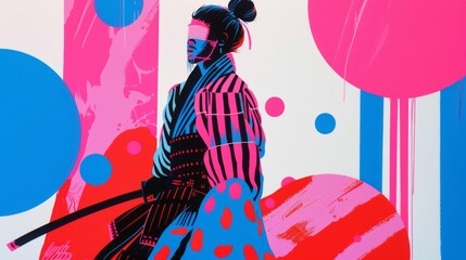 Illustration featuring a futuristic neon cyberpunk samurai