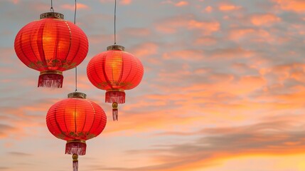Obraz premium Beautiful red lanterns float gracefully against a serene, colorful sunset sky. Traditional Chinese decor is used to create a festive and calm atmosphere.picturesque setting. AI