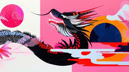 Illustration featuring a mythical fire-breathing dragon