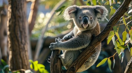 Fototapeta premium A close-up image of a koala sitting on a tree branch in the wild. The photo captures the natural habitat beautifully. This nature photograph can be used for environmental awareness projects. AI