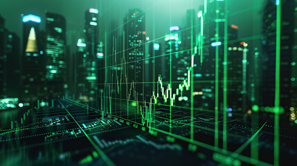 Fototapeta premium modern financial stock market background in the style of green trading chart and cityscape