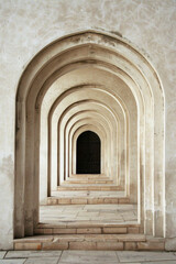 A plain door framed by a series of minimalist arches, each arch slightly larger than the one before, creating a sense of depth and perspective. The background remains solid and neutral