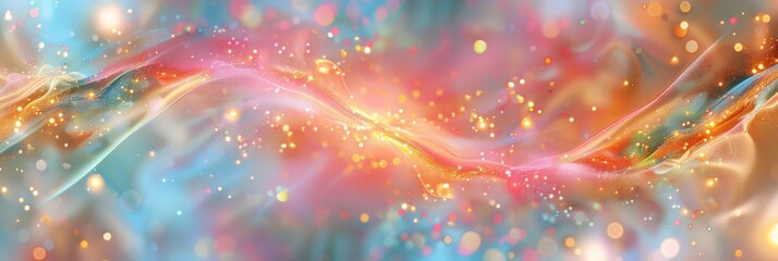 A mesmerizing abstract background features vivid light waves and glowing particles, exuding vibrant energy and shimmering beauty. The blend of colors creates a captivating and dynamic scene