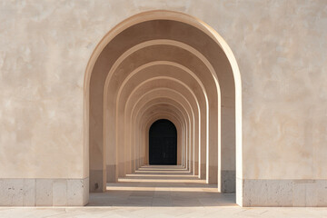 A plain door framed by a series of minimalist arches, each arch slightly larger than the one before, creating a sense of depth and perspective. The background remains solid and neutral